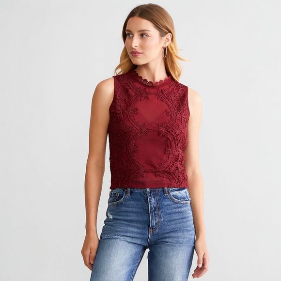 Willow & Root Floral Lace Mesh Tank Top Red Crochet High Neck Sheer Women's XS - Picture 9 of 10